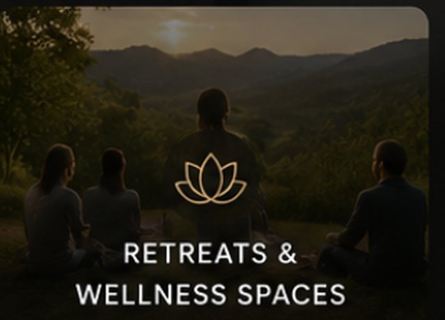 A retreat group meditating outdoors at sunset